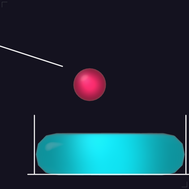 A soft magenta ball squeezing through a narrow clear channel between white ramps, with a cyan gel pool below