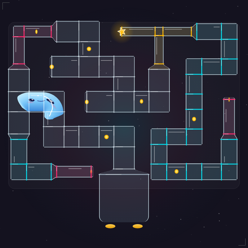 A round blue jelly stretched into a long sausage inside a maze of clear glass pipes, with coins in the dead ends and a star at the top